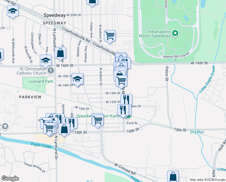 map of restaurants, bars, coffee shops, grocery stores, and more near 4938 West 13th Street in Indianapolis
