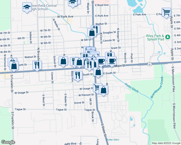 map of restaurants, bars, coffee shops, grocery stores, and more near 18 West South Street in Greenfield