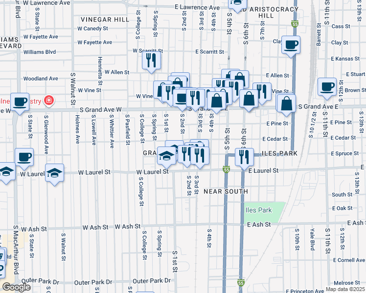 map of restaurants, bars, coffee shops, grocery stores, and more near 1512 South 2nd Street in Springfield