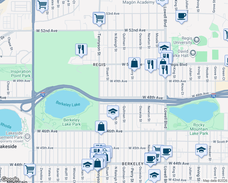 map of restaurants, bars, coffee shops, grocery stores, and more near 4841 Raleigh Street in Denver