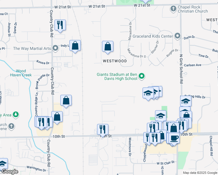 map of restaurants, bars, coffee shops, grocery stores, and more near 1200 North Girls School Road in Indianapolis