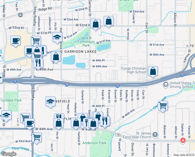 map of restaurants, bars, coffee shops, grocery stores, and more near 4822 Flower Court in Arvada
