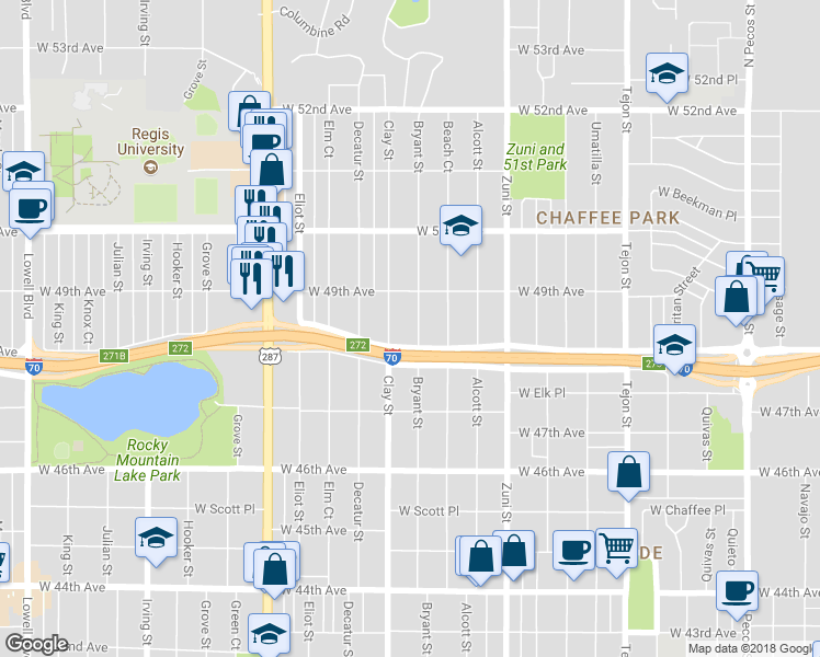 map of restaurants, bars, coffee shops, grocery stores, and more near 4835 Bryant Street in Denver