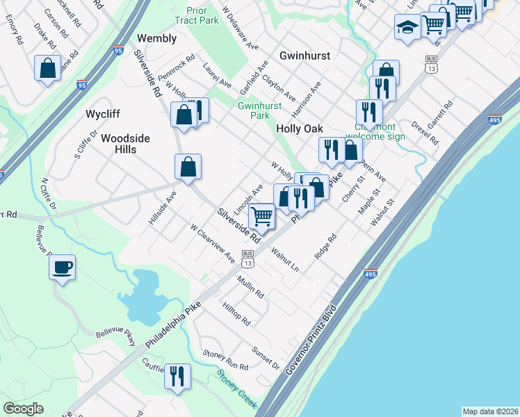 map of restaurants, bars, coffee shops, grocery stores, and more near 8 Perkins Avenue in Wilmington