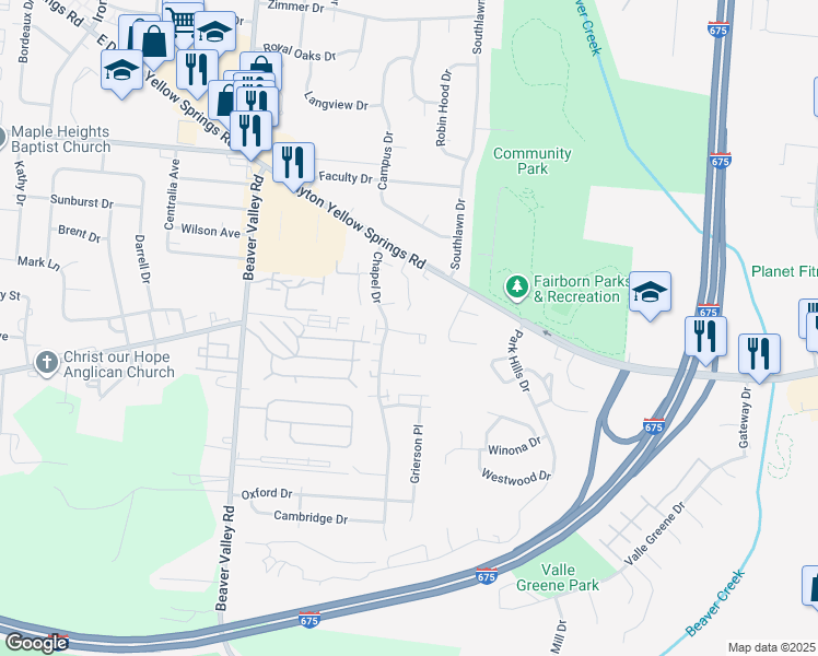 map of restaurants, bars, coffee shops, grocery stores, and more near 371 Cottonwood Court in Fairborn