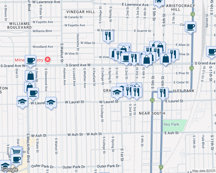 map of restaurants, bars, coffee shops, grocery stores, and more near 1509 South Spring Street in Springfield