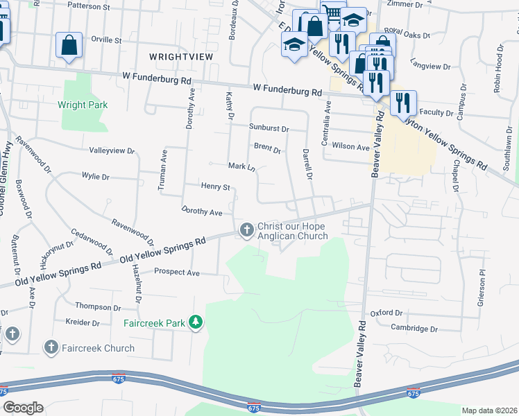 map of restaurants, bars, coffee shops, grocery stores, and more near 174 Loretta Avenue in Fairborn