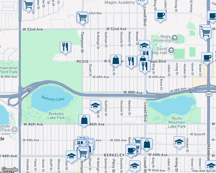 map of restaurants, bars, coffee shops, grocery stores, and more near 4836 Quitman Street in Denver