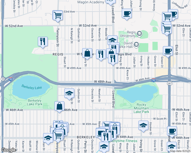 map of restaurants, bars, coffee shops, grocery stores, and more near 4832 Osceola Street in Denver
