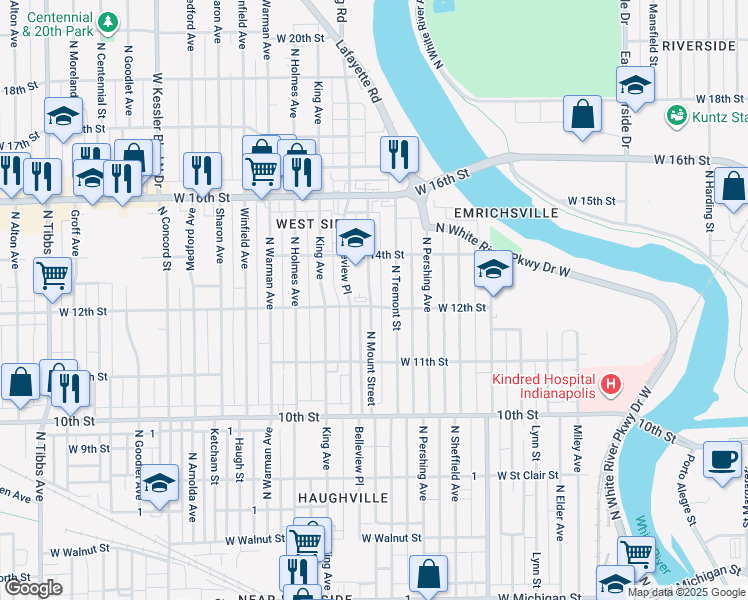 map of restaurants, bars, coffee shops, grocery stores, and more near 1205 Mount Street in Indianapolis