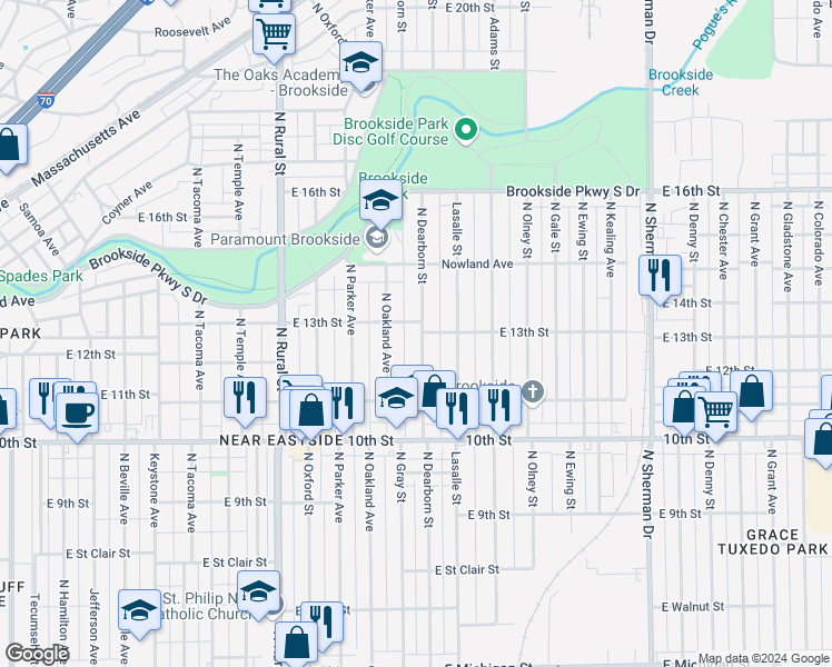 map of restaurants, bars, coffee shops, grocery stores, and more near 1234 North Dearborn Street in Indianapolis