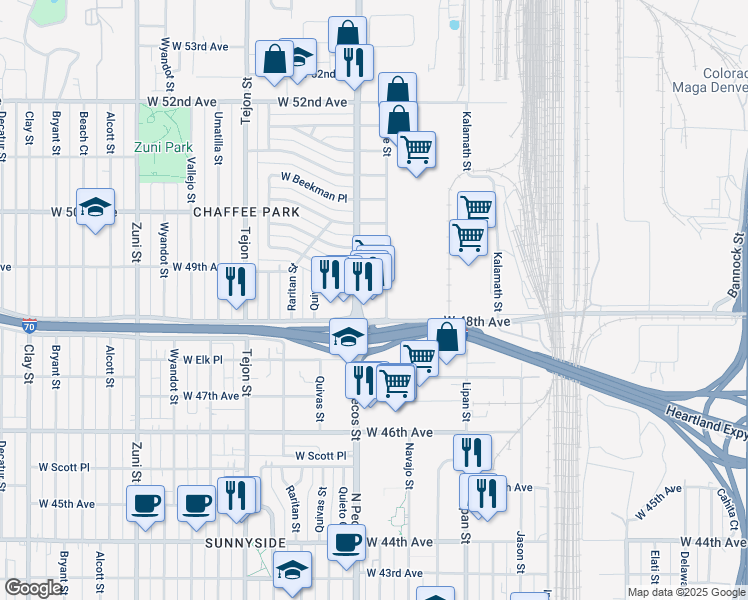 map of restaurants, bars, coffee shops, grocery stores, and more near 4836 North Pecos Street in Denver