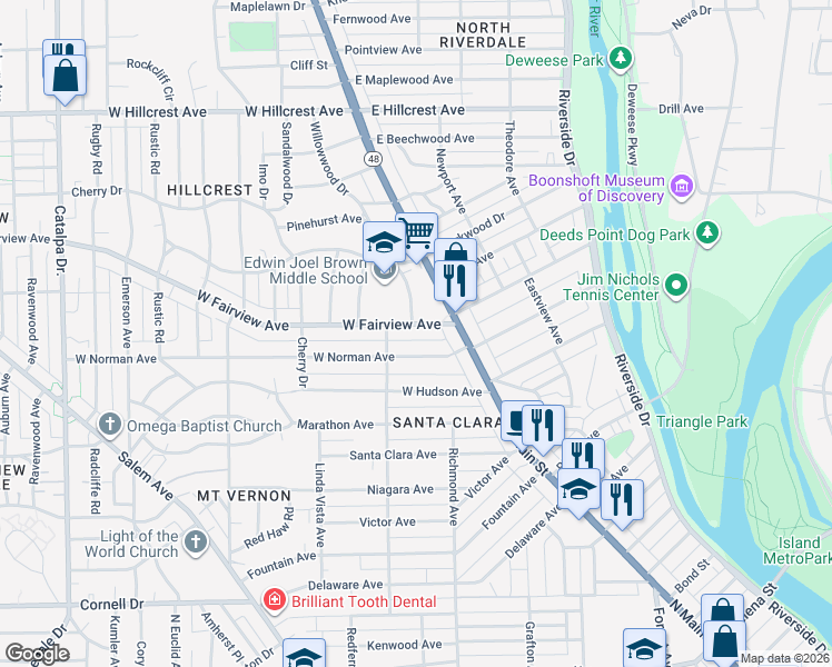map of restaurants, bars, coffee shops, grocery stores, and more near 26 West Fairview Avenue in Dayton