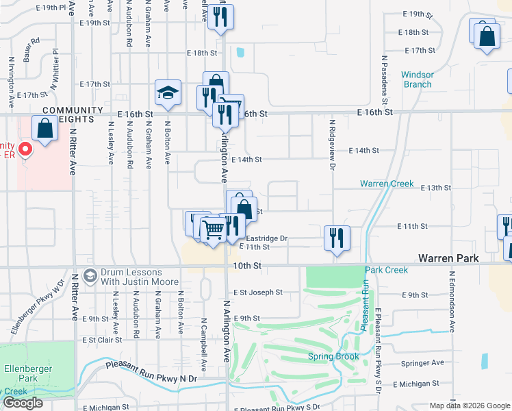 map of restaurants, bars, coffee shops, grocery stores, and more near 6020 East 12th Street in Indianapolis