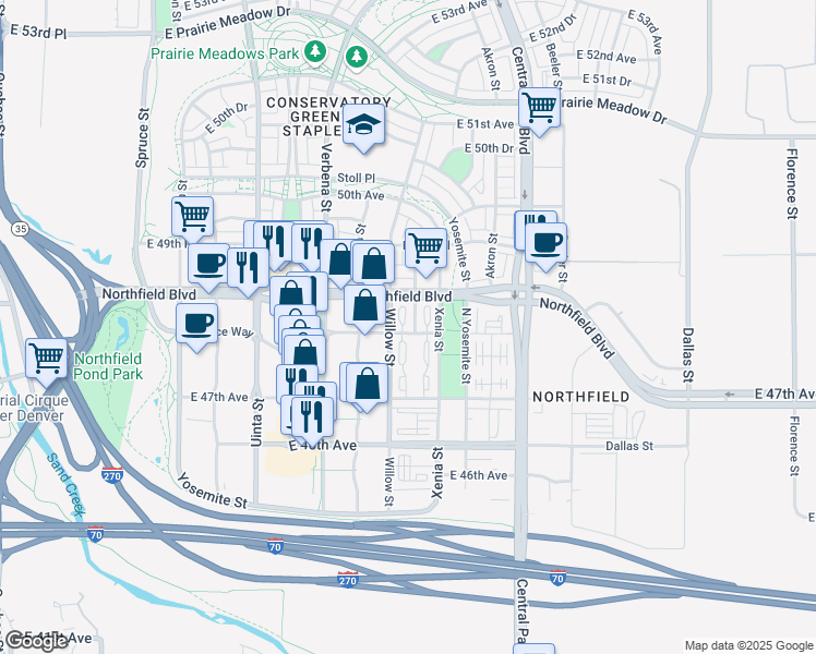 map of restaurants, bars, coffee shops, grocery stores, and more near 4821 Xanthia Street in Denver