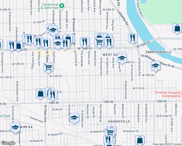 map of restaurants, bars, coffee shops, grocery stores, and more near 1209 Sharon Avenue in Indianapolis