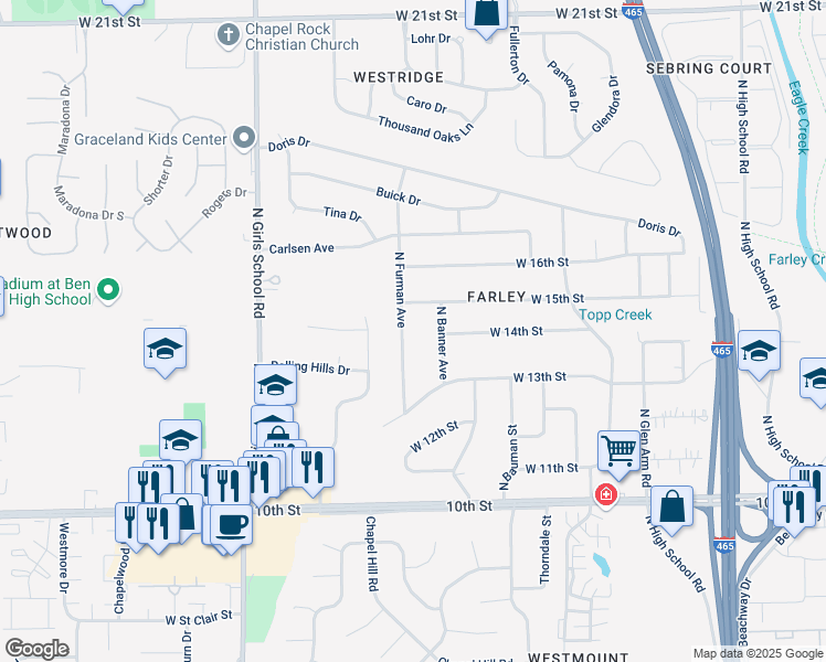 map of restaurants, bars, coffee shops, grocery stores, and more near 1393 North Furman Avenue in Indianapolis