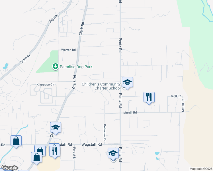map of restaurants, bars, coffee shops, grocery stores, and more near 1633 Paradisewood Drive in Paradise