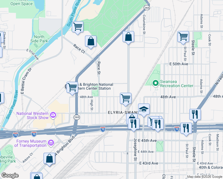 map of restaurants, bars, coffee shops, grocery stores, and more near 4899-4797 Gaylord St in Denver