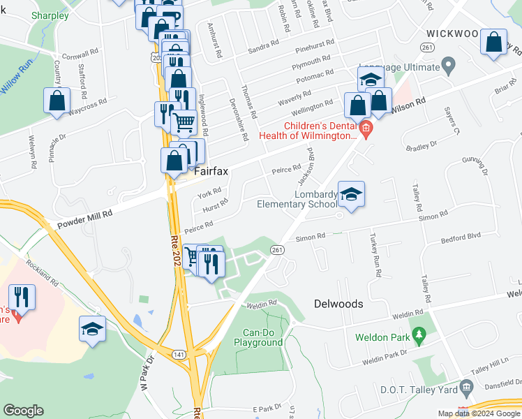 map of restaurants, bars, coffee shops, grocery stores, and more near 1600 Bedford Road in Wilmington