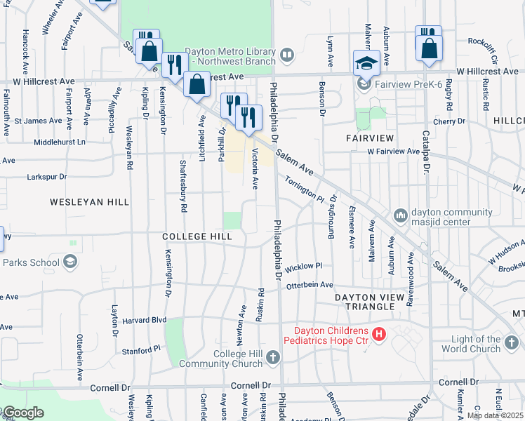 map of restaurants, bars, coffee shops, grocery stores, and more near 1966 Victoria Avenue in Dayton