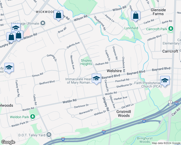 map of restaurants, bars, coffee shops, grocery stores, and more near 95 Colorado Avenue in Wilmington
