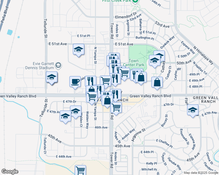 map of restaurants, bars, coffee shops, grocery stores, and more near 4829 Tower Road in Denver