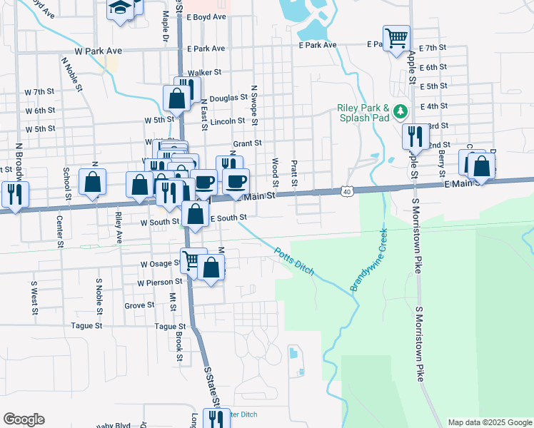 map of restaurants, bars, coffee shops, grocery stores, and more near 450 East South Street in Greenfield