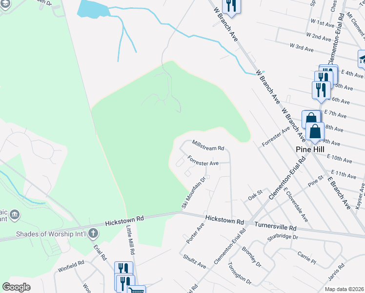map of restaurants, bars, coffee shops, grocery stores, and more near 90 Millstream Road in Pine Hill