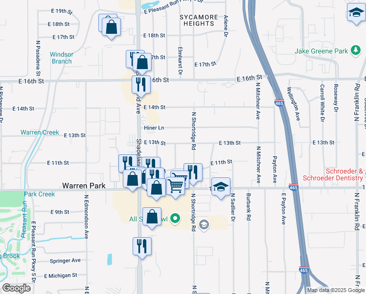map of restaurants, bars, coffee shops, grocery stores, and more near 7167 East 13th Street in Indianapolis