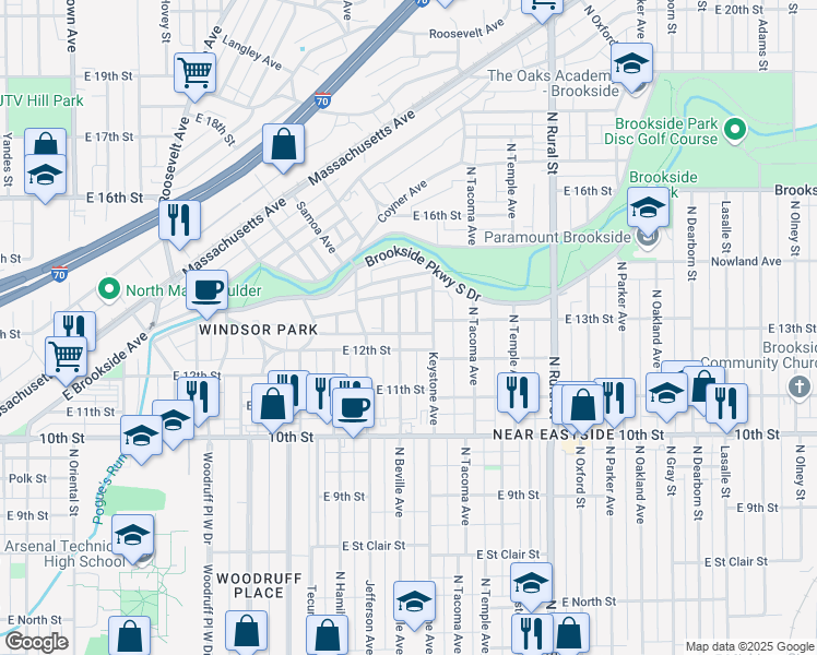 map of restaurants, bars, coffee shops, grocery stores, and more near 1221 North Beville Avenue in Indianapolis