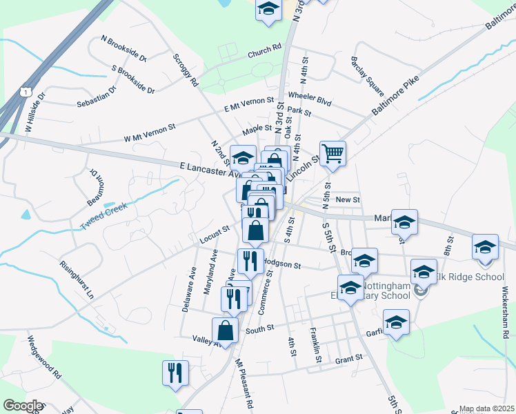 map of restaurants, bars, coffee shops, grocery stores, and more near 223 East Locust Street in Oxford