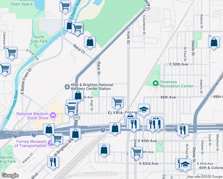 map of restaurants, bars, coffee shops, grocery stores, and more near 4899-4797 Gaylord St in Denver