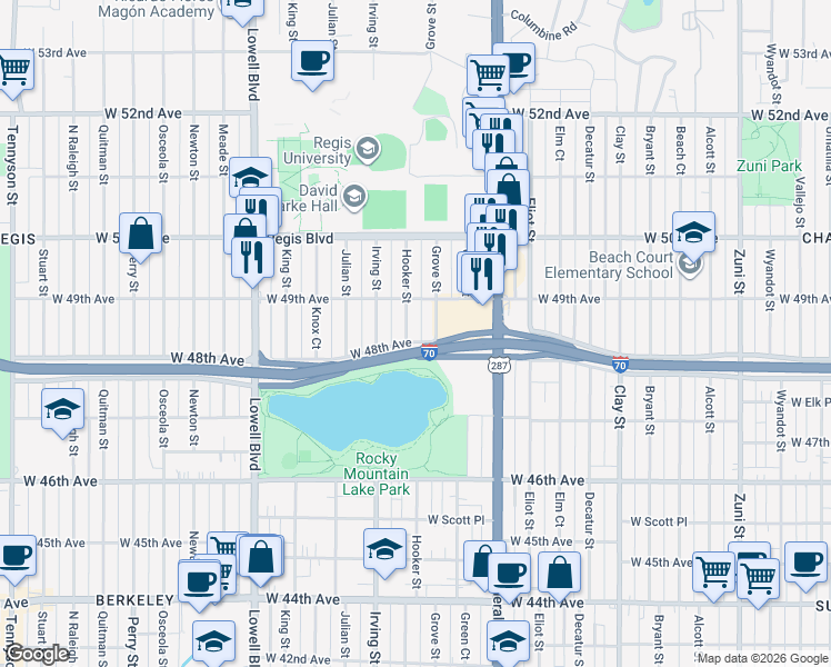 map of restaurants, bars, coffee shops, grocery stores, and more near 4800 Hooker Street in Denver