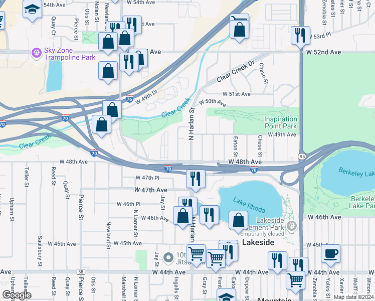 map of restaurants, bars, coffee shops, grocery stores, and more near 4831 North Harlan Street in Wheat Ridge