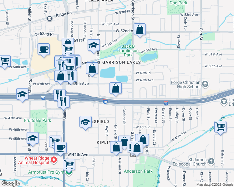map of restaurants, bars, coffee shops, grocery stores, and more near 9325 West 48th Avenue in Wheat Ridge