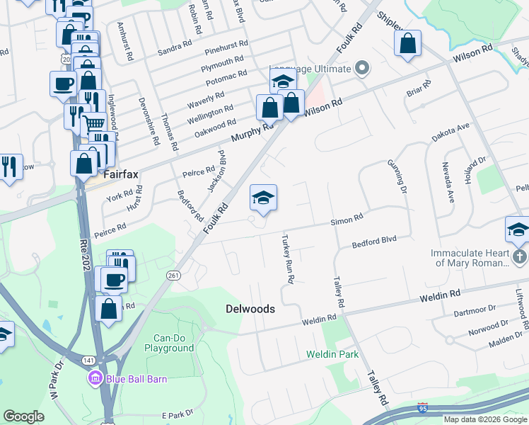 map of restaurants, bars, coffee shops, grocery stores, and more near School Lane in Wilmington