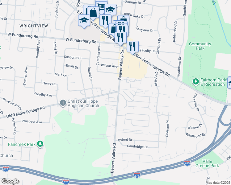map of restaurants, bars, coffee shops, grocery stores, and more near 22 Old Yellow Springs Road in Fairborn