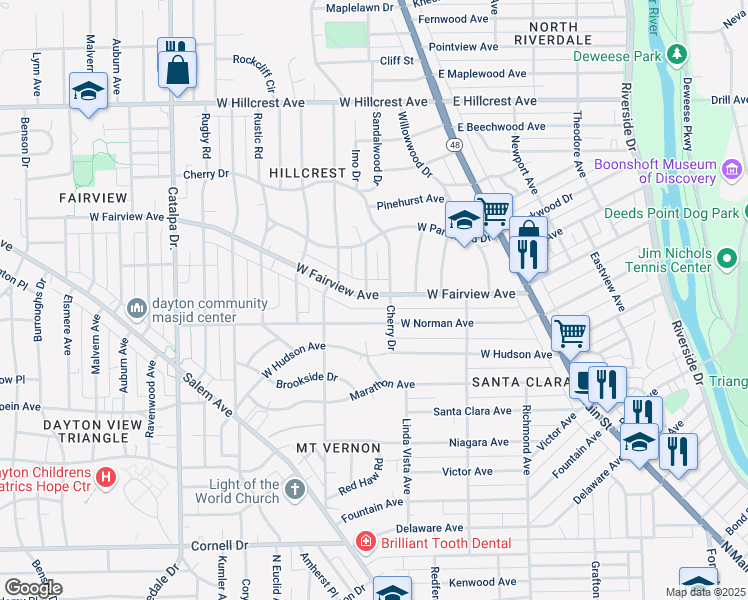 map of restaurants, bars, coffee shops, grocery stores, and more near 228 West Fairview Avenue in Dayton