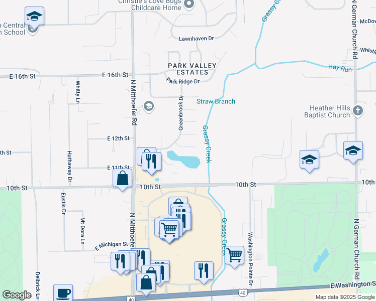 map of restaurants, bars, coffee shops, grocery stores, and more near 10207 Sutters Court in Indianapolis