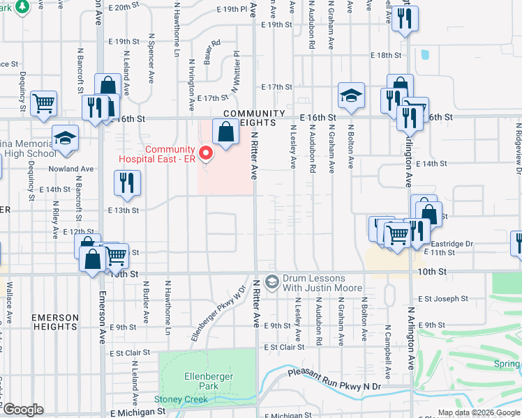 map of restaurants, bars, coffee shops, grocery stores, and more near 1138 North Layman Avenue in Indianapolis