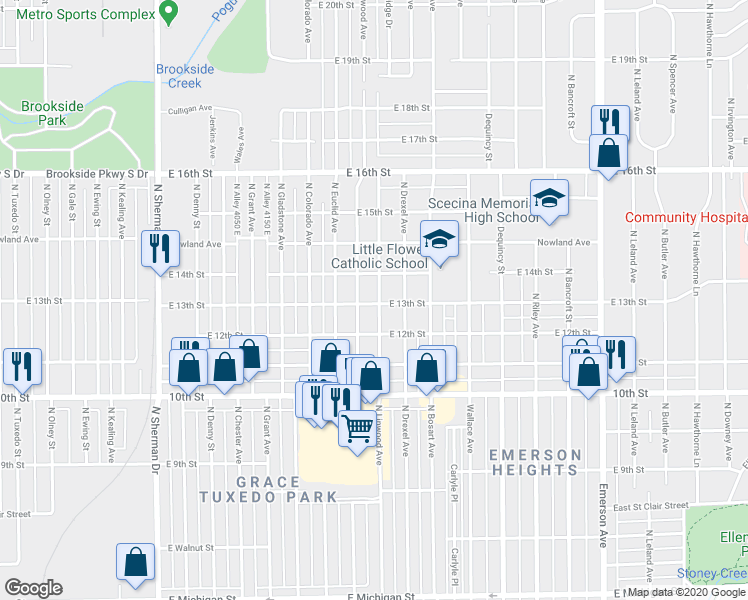 map of restaurants, bars, coffee shops, grocery stores, and more near 1301 North Linwood Avenue in Indianapolis