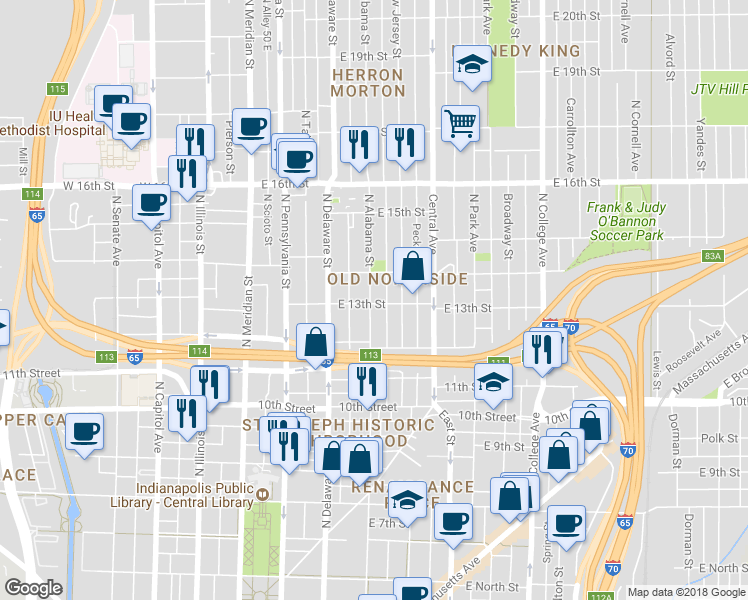 map of restaurants, bars, coffee shops, grocery stores, and more near 241 East 13th Street in Indianapolis