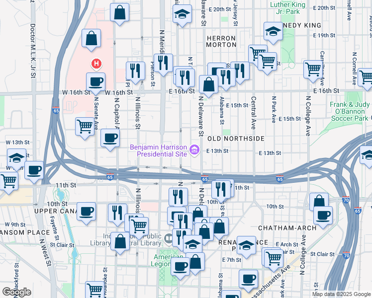 map of restaurants, bars, coffee shops, grocery stores, and more near in Indianapolis