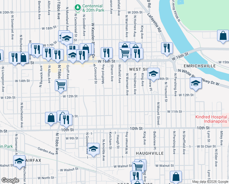map of restaurants, bars, coffee shops, grocery stores, and more near 1209 Sharon Avenue in Indianapolis