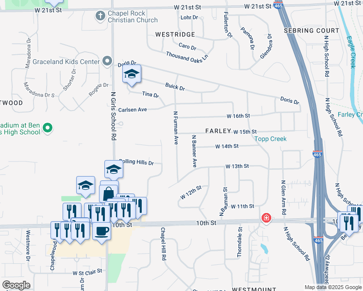 map of restaurants, bars, coffee shops, grocery stores, and more near 1393 North Furman Avenue in Indianapolis