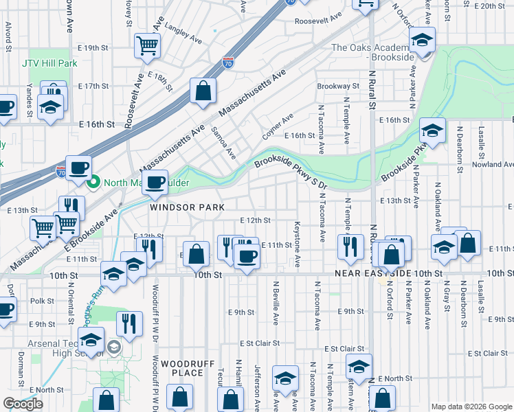 map of restaurants, bars, coffee shops, grocery stores, and more near 1221 Jefferson Avenue in Indianapolis