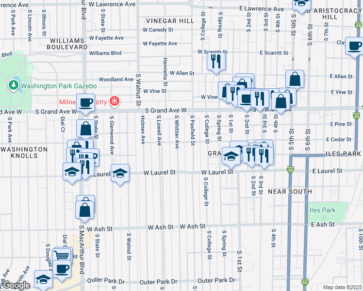 map of restaurants, bars, coffee shops, grocery stores, and more near 1502 South Whittier Avenue in Springfield