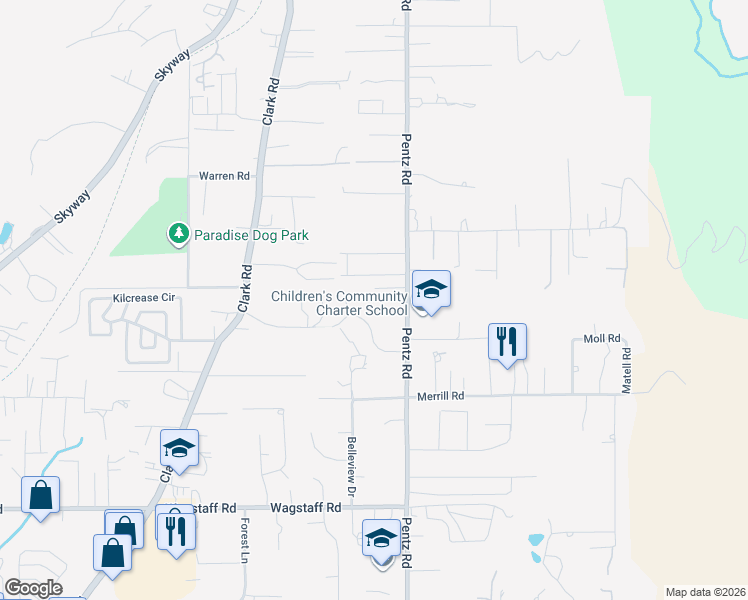 map of restaurants, bars, coffee shops, grocery stores, and more near 6881 Pentz Road in Paradise