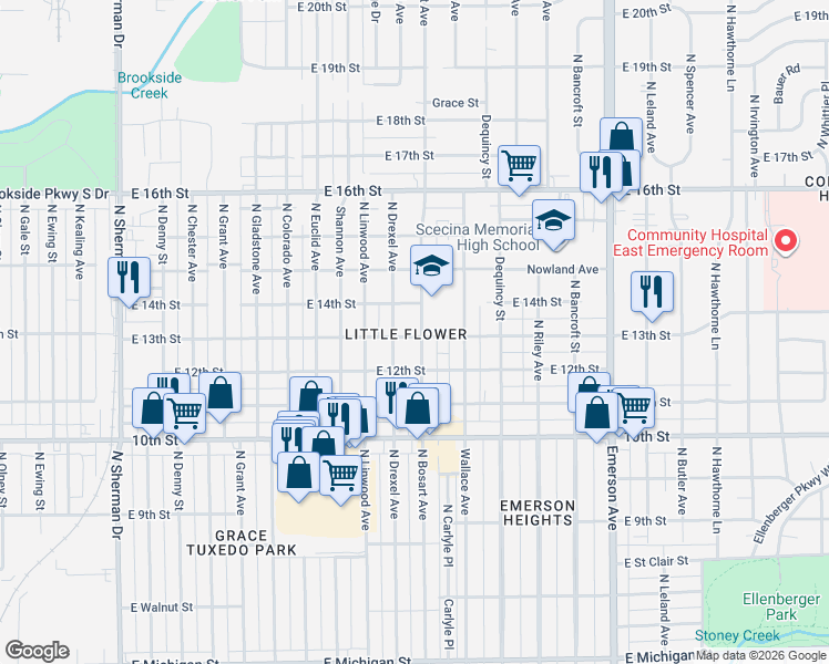map of restaurants, bars, coffee shops, grocery stores, and more near 1302 North Bosart Avenue in Indianapolis